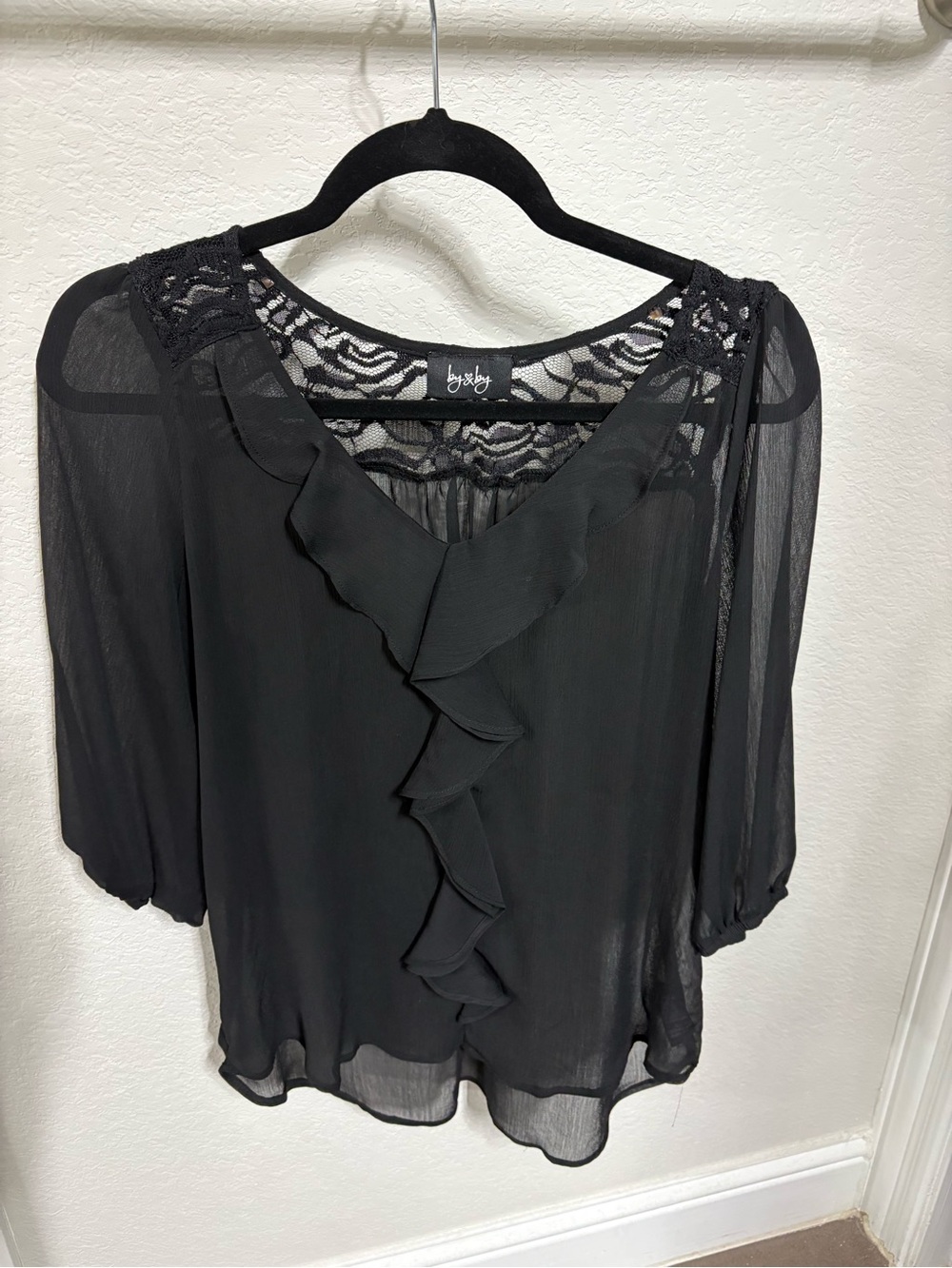 by & by Black Ruffle Lace Yoke Blouse - Women’s Top